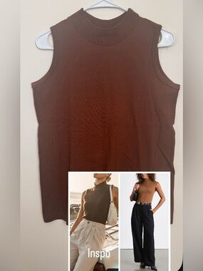 Cotton Sleeveless Mock Neck Tank Top in Brown